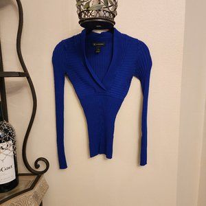 INC International Concepts Women's RIbbed V-Neck Long Sleeve Sweater Top - Royal